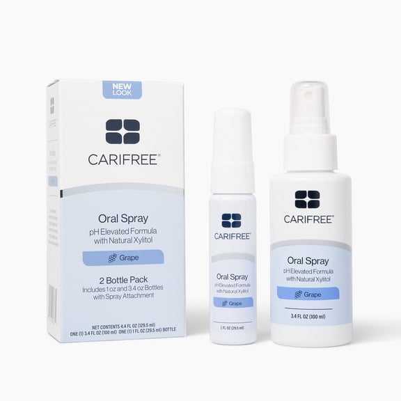 CariFree Oral Spray, Grape Flavored, Xylitol for Moisturization, Neutralizes pH, Fluoride-Free, Freshen Breath, Recommended by Dentists, 2 Bottles (1 fl. oz. +3.3 Fl Oz)