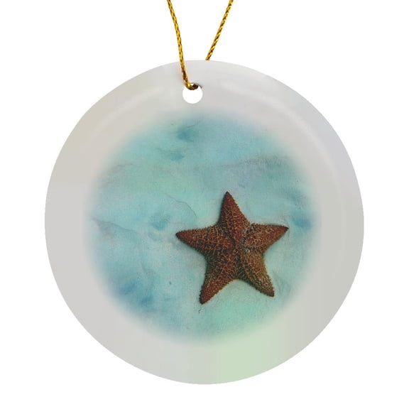3drose, Caribbean, Barbados, Carlisle Bay. Red Cushion Sea Star in Sand., Circle Porcelain Ornament