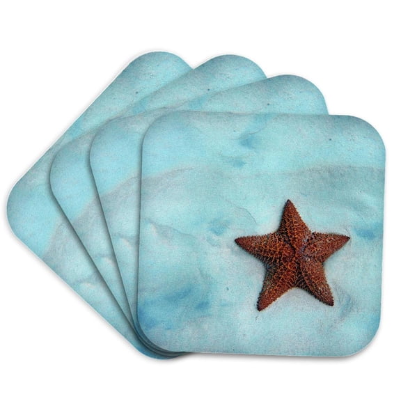 3drose, Caribbean, Barbados, Carlisle Bay. Red Cushion Sea Star in Sand., Set of 4 Coasters - Soft