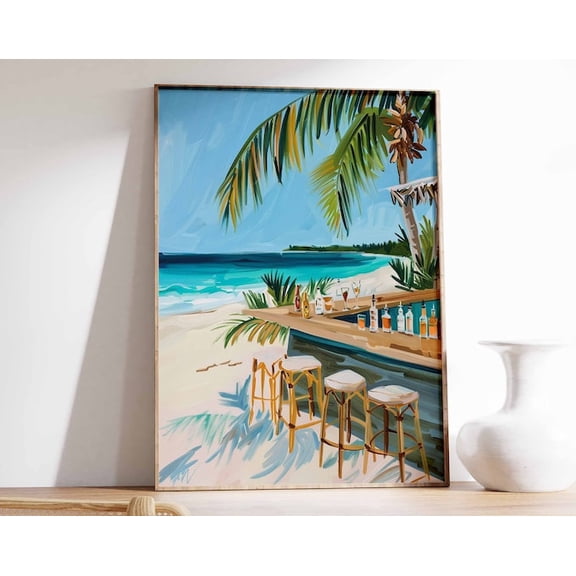 Caribbean Beach Bar Tropical Cocktail Seaside Wall Art Print, Unframed Paper Poster 24x36in
