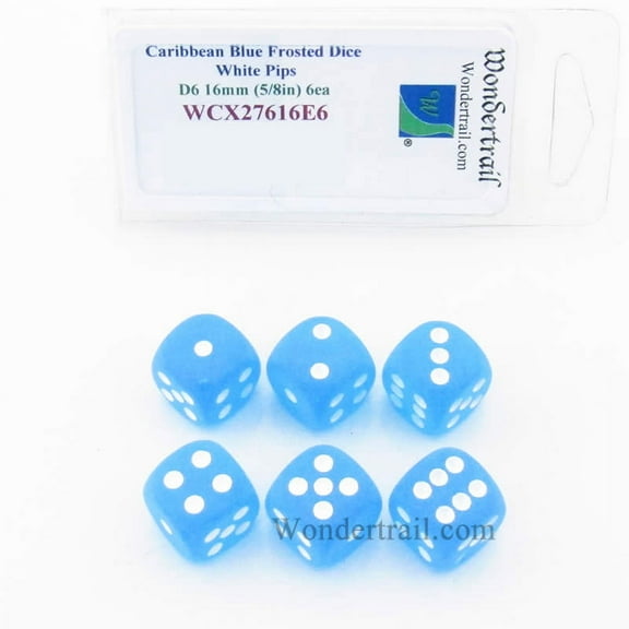 Caribbean Blue Frosted Dice with Gold White 16mm (5/8in) D6 Set of 6 Wondertrail
