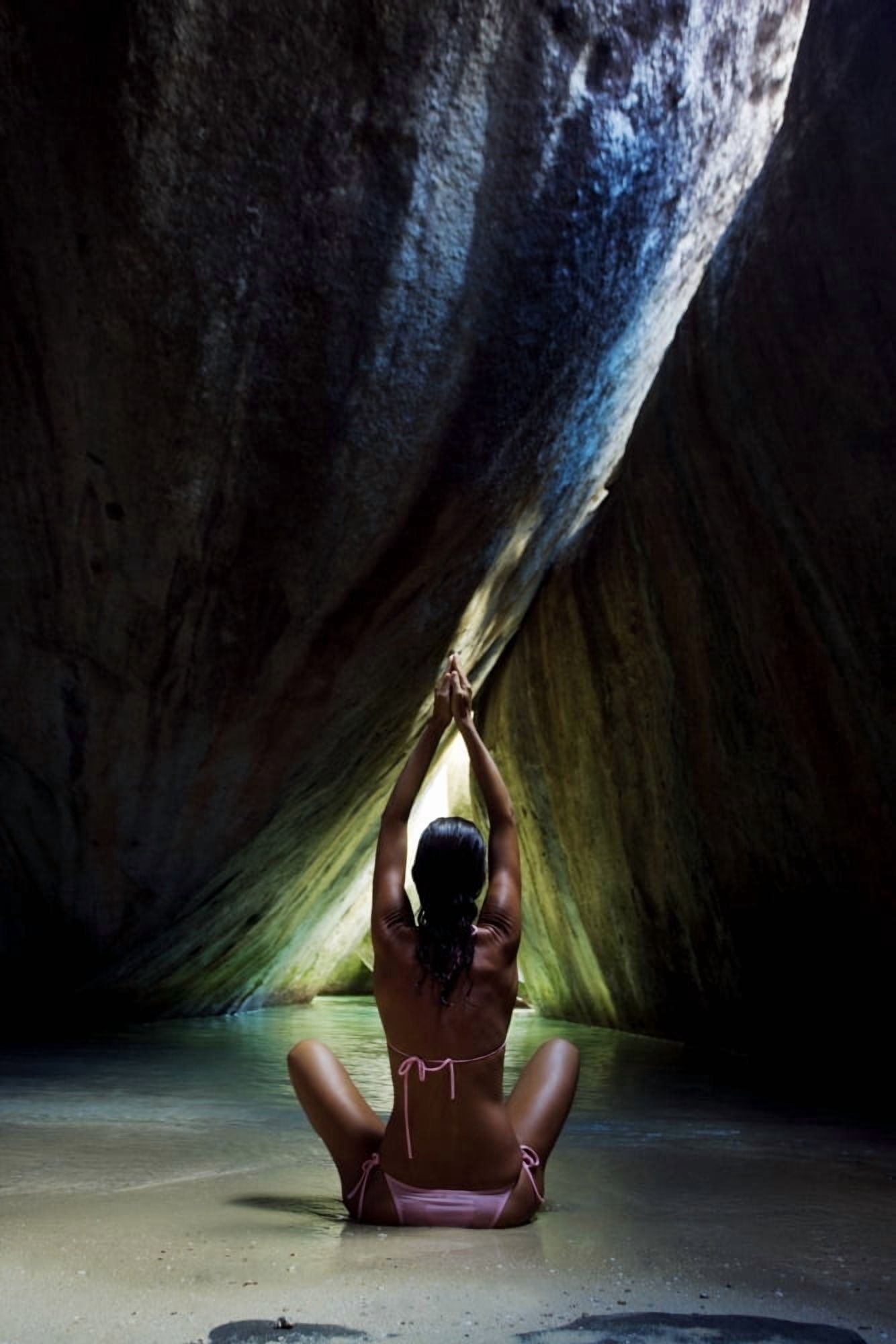 Caribbean British Virgin Islands Virgin Gorda The Baths The Crawl Woman Doing Yoga In Sea Cave Canvas Art - M Swiet Productions Design Pics (12 x 18)
