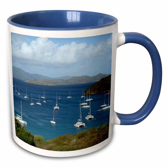 3drose, Caribbean, Bvi, Norman Island. Sailboats at Anchor in the Bight., 11oz Two-tone Blue Mug