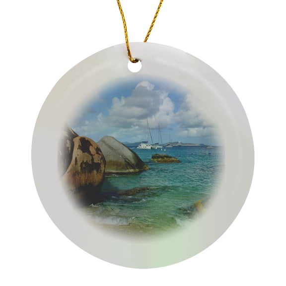 3drose, Caribbean, Bvi, Virgin Gorda. Giant Boulders in Spring Bay, the Baths., Circle Porcelain Ornament
