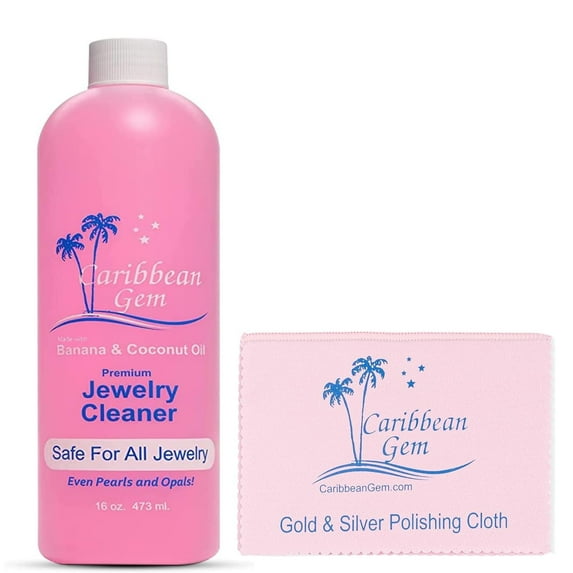 Caribbean Gem Natural Banana & Coconut Oil Jewelry Cleaner with Polishing Cloth, For Gold, Silver and Precious Gems, Ammonia Free, Hypoallergenic Jewelry Cleaning Solution (16oz)
