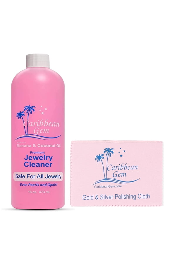 Natural Banana & Coconut Oil Jewelry Cleaner with Polishing Cloth, For Gold, Silver and Precious Gems, Ammonia Free, Hypoallergenic Jewelry Cleaning Solution (16oz)