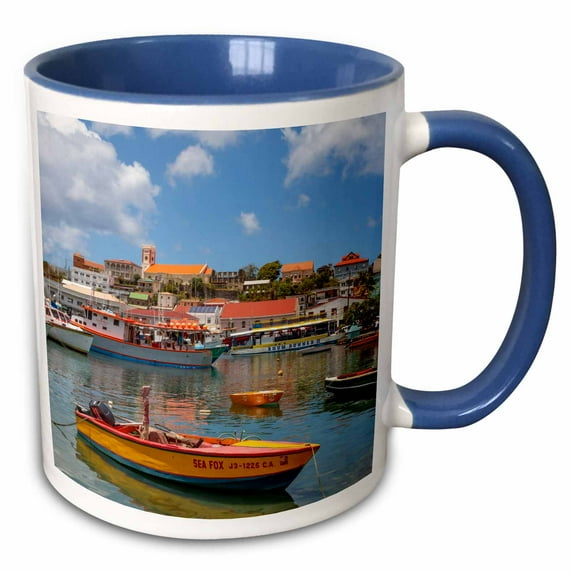 3drose, Caribbean, Grenada, St. Georges. Boats in the Carenage Harbor., 15oz Two-tone Blue Mug