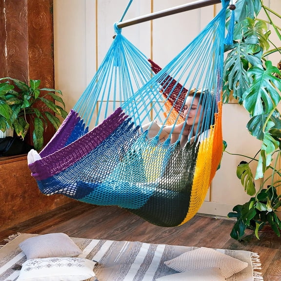 Caribbean Hammock Swing Chair with Spreader Bar, Large Hammock Chair, Hand Craft Rope Chair Outdoor, Indoor, Bedroom, 330 LBS Weight Capacity, Rainbow