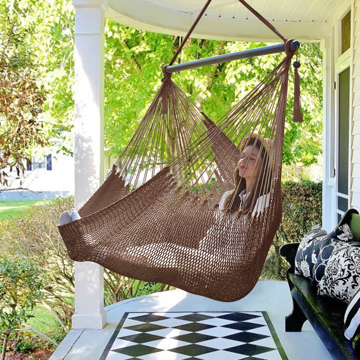 Bathonly Caribbean Hammock Swing Chair with Wood Bar, for Outdoor, Indoor, Max 330 lbs, Dark Brown