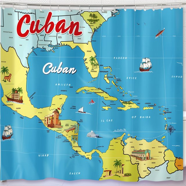 Caribbean Islands Shower Curtain Vibrant Cuban Map with Festive Cartoon ...