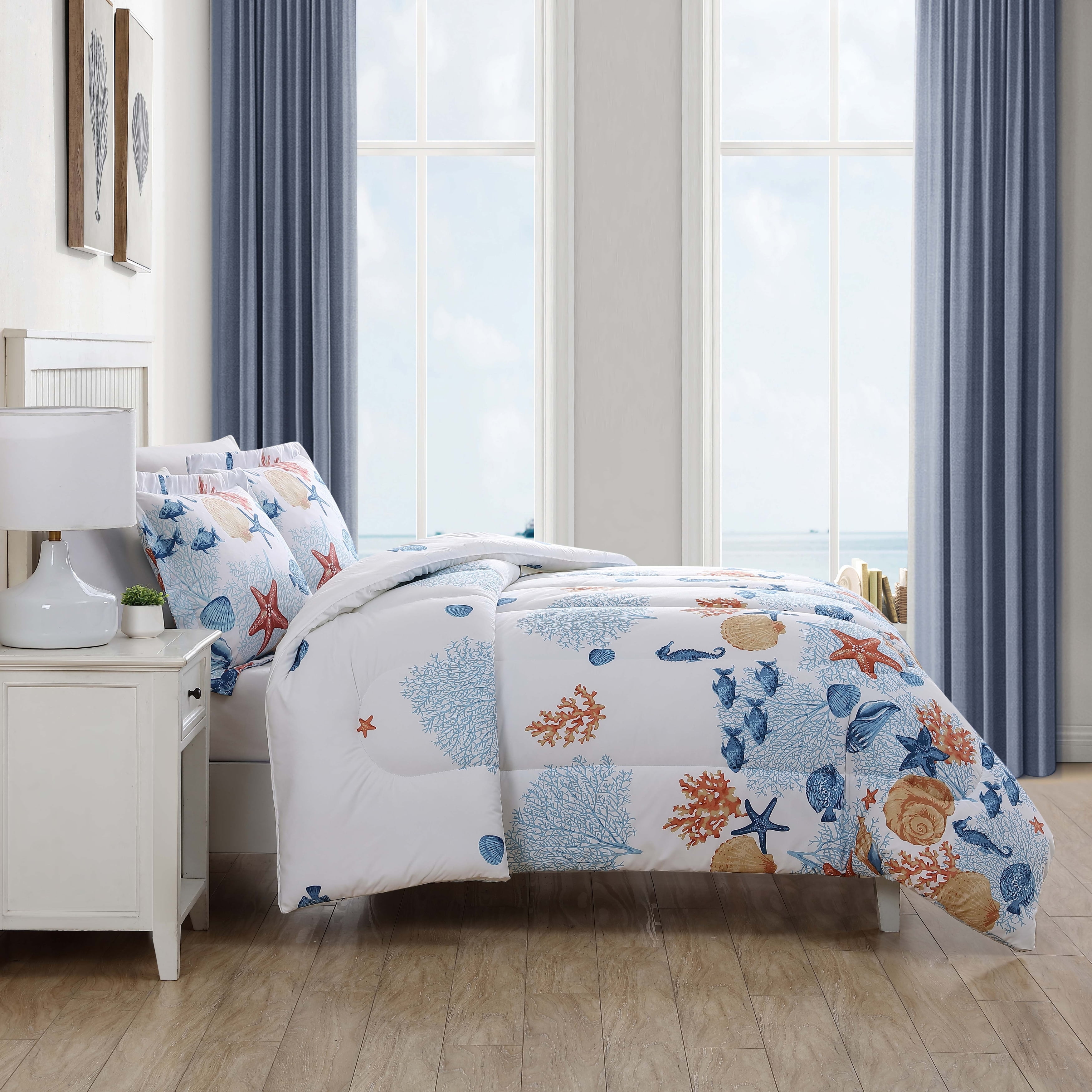 Full Pink Microfiber Coastal Comforter Set with Seashells