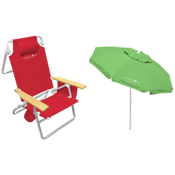 Caribbean Joe Beach Kit: 2 Chairs and 1 Beach Umbrella - Red/Multicolor (Save 20%)