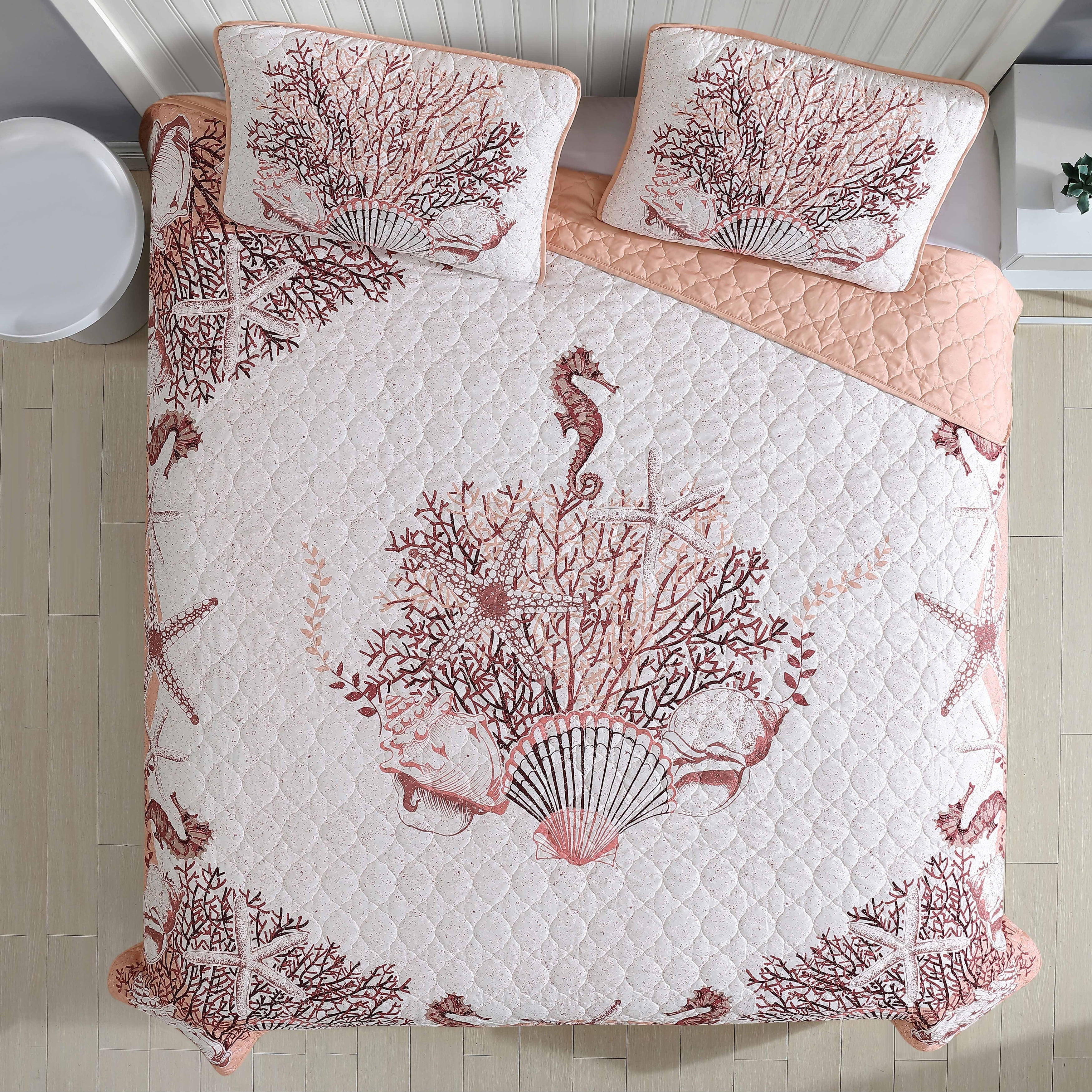Beach Delight Coral Full Microfiber Coastal Quilt Set