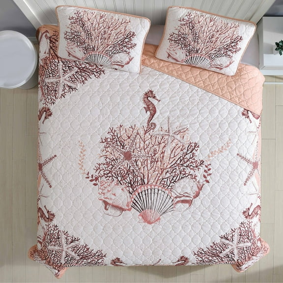 Caribbean Joe Coastal 3PC Quilt Set Beach Delight Coral - Full - Queen