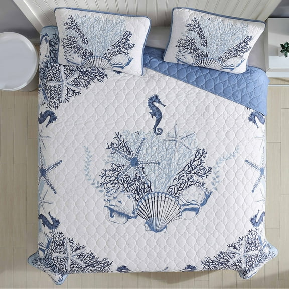 Caribbean Joe  Coastal 3PC Quilt Set Beach Delight Denim - Full - Queen