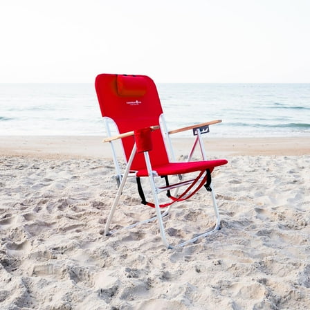 Caribbean Joe Folding Beach Chair, 4 Position Portable Backpack Foldable Camping Chair with Headrest, Cup Holder, and Wooden Armrests, 350 lb Capacity