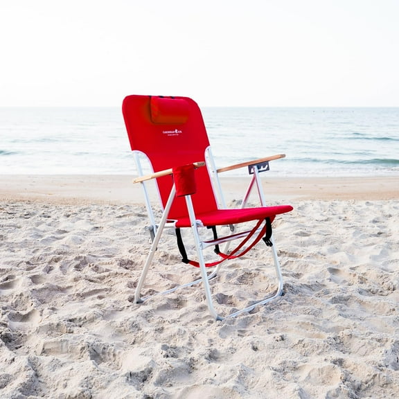 Caribbean Joe Folding Beach Chair, 4 Position Portable Backpack Foldable Camping Chair with Headrest, Cup Holder, and Wooden Armrests, 350 lb Capacity