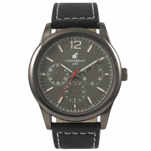 Carribean Joe Men's Analog Watch, 42.5mm Gunmetal Round Case, Gray Dial, Black Vegan Leather Strap, Battery Powered Quartz Movement