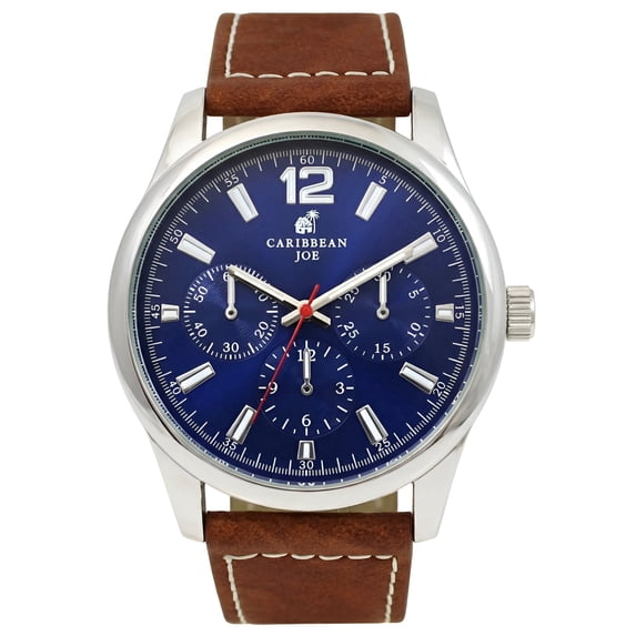 Carribean Joe Men's Analog Watch, 42.5mm Silver Round Case, Navy Blue Dial, Brown Vegan Leather Strap, Battery Powered Quartz Movement
