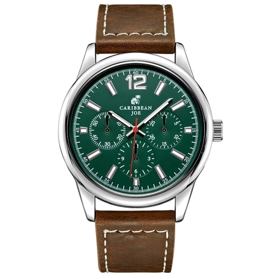 Carribean Joe Men's Analog Watch, 42.5mm Silver-Tone Round Case, Dark Green Dial with Faux Subdials, Brown Vegan Leather Strap, Quartz Battery Movement