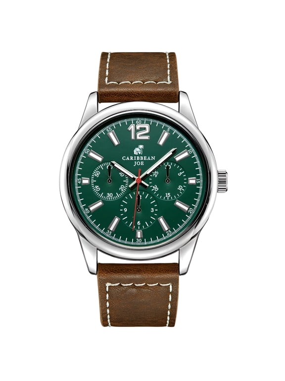 Carribean Joe Men's Analog Watch, 42.5mm Silver-Tone Round Case, Dark Green Dial with Faux Subdials, Brown Vegan Leather Strap, Quartz Battery Movement