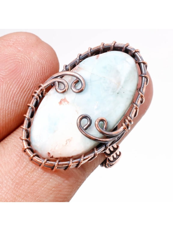 Caribbean Larimar Gemstone Handmade Wire Wrap Copper Jewelry Ring 6.50" SR 118