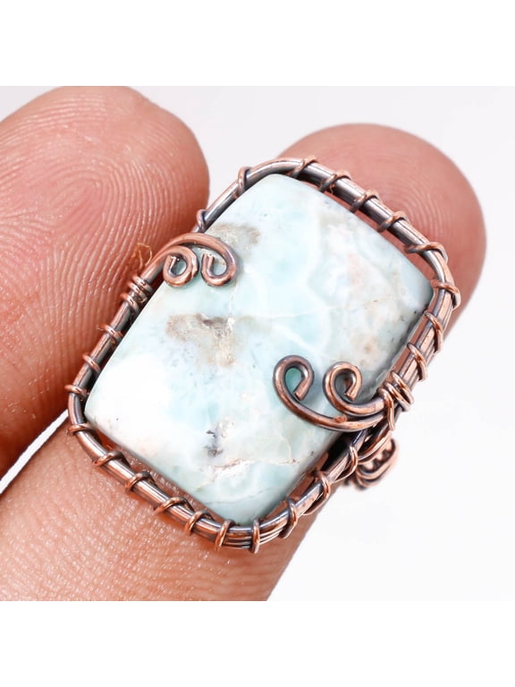 Caribbean Larimar Gemstone Handmade Wire Wrap Copper Jewelry Ring 6.75" SR 130