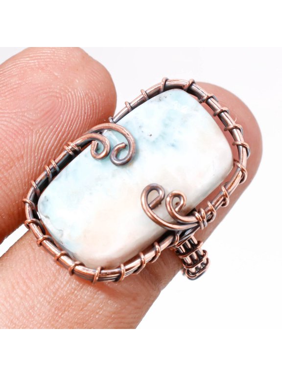Caribbean Larimar Gemstone Handmade Wire Wrap Copper Jewelry Ring 7.25" SR 113