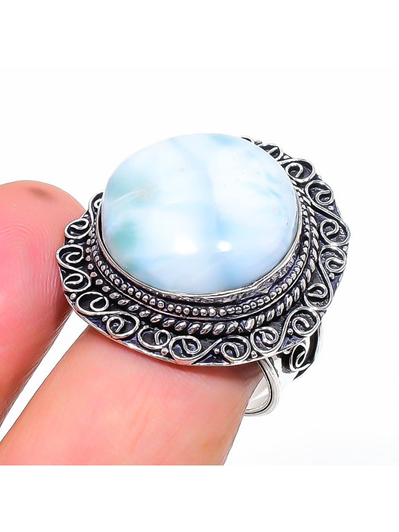 Caribbean Larimar Gemstone Ring Handmade Women's Vintage Jewelry 10.25" VR 2398