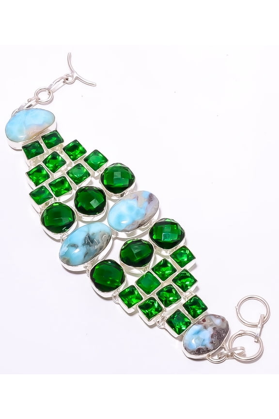 Caribbean Larimar & Tsavorite 925 Silver Plated Bracelet 7-8" S201, Valentine's Day Gift, Birthday Gift, Beautiful Jewelry For Woman & Girls