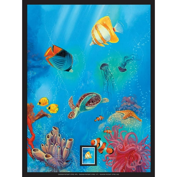 Caribbean Marine Life Framed Wall Art with Postage Stamp