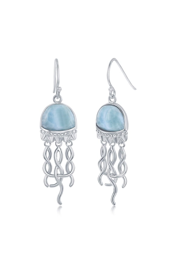 Caribbean Natural Larimar Gemstone Nautical Jellyfish Sterling Silver Dangling Earrings Jewelry for Women or Teens