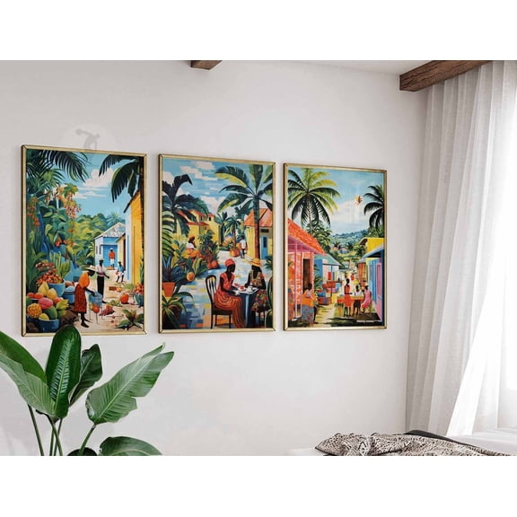 Caribbean Prints Caribbean Wall Art Tropical Decor Exotic Jamaica Floral Black Art Set 3 Stretched Canvas 16x24