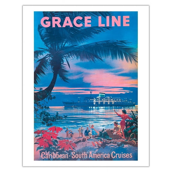 Caribbean South America Cruises - Grace Line - Vintage Ocean Liner Travel Poster by C. G. Evers c.1958 - Fine Art Matte Paper Print (Unframed) 11x14in