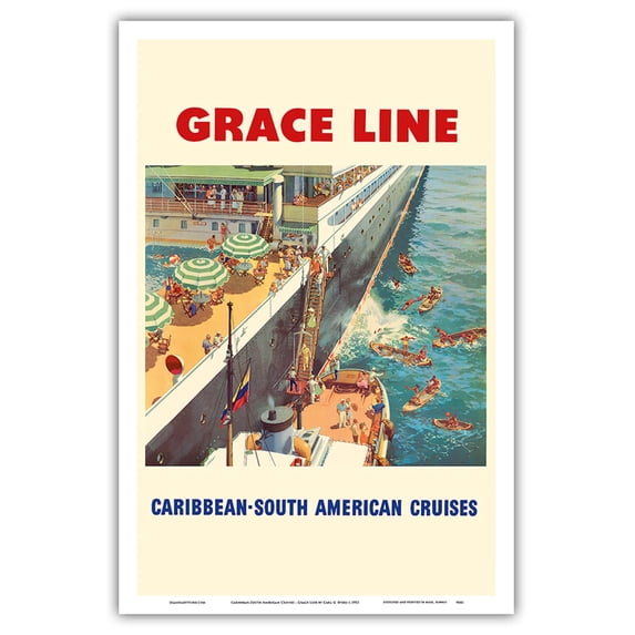 Caribbean - South American Cruises - Grace Line - Natives Diving for Coins - Vintage Ocean Liner Travel Poster by Carl G. Evers c.1952 - Master Art Print (Unframed) 12in x 18in
