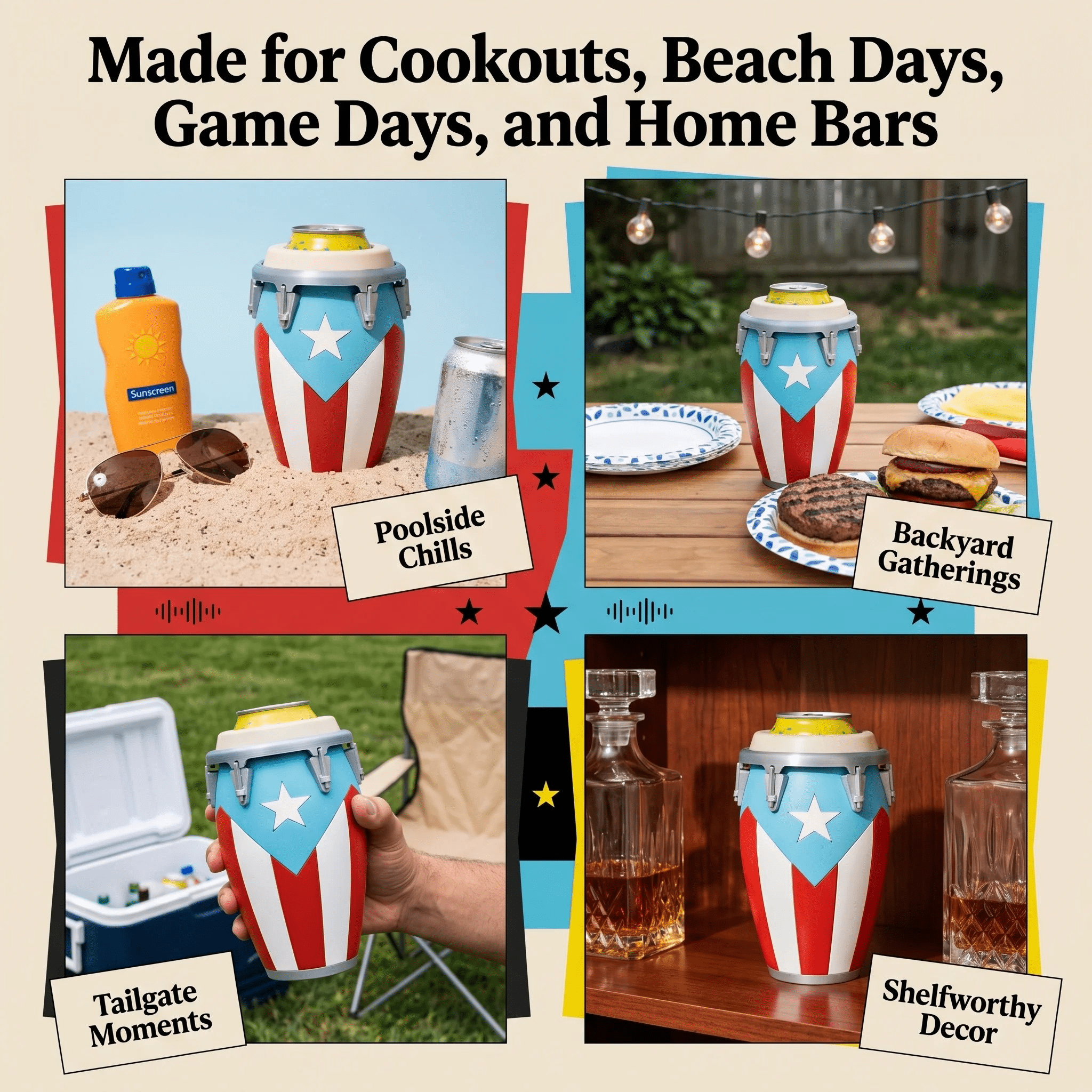 Caribbean Themed Conga-Style Can Holder, Puerto Rican & Cuban Flag Insulated Can Sleeve, Sturdy 12oz Beverage Holder Ideal Holiday Gift C