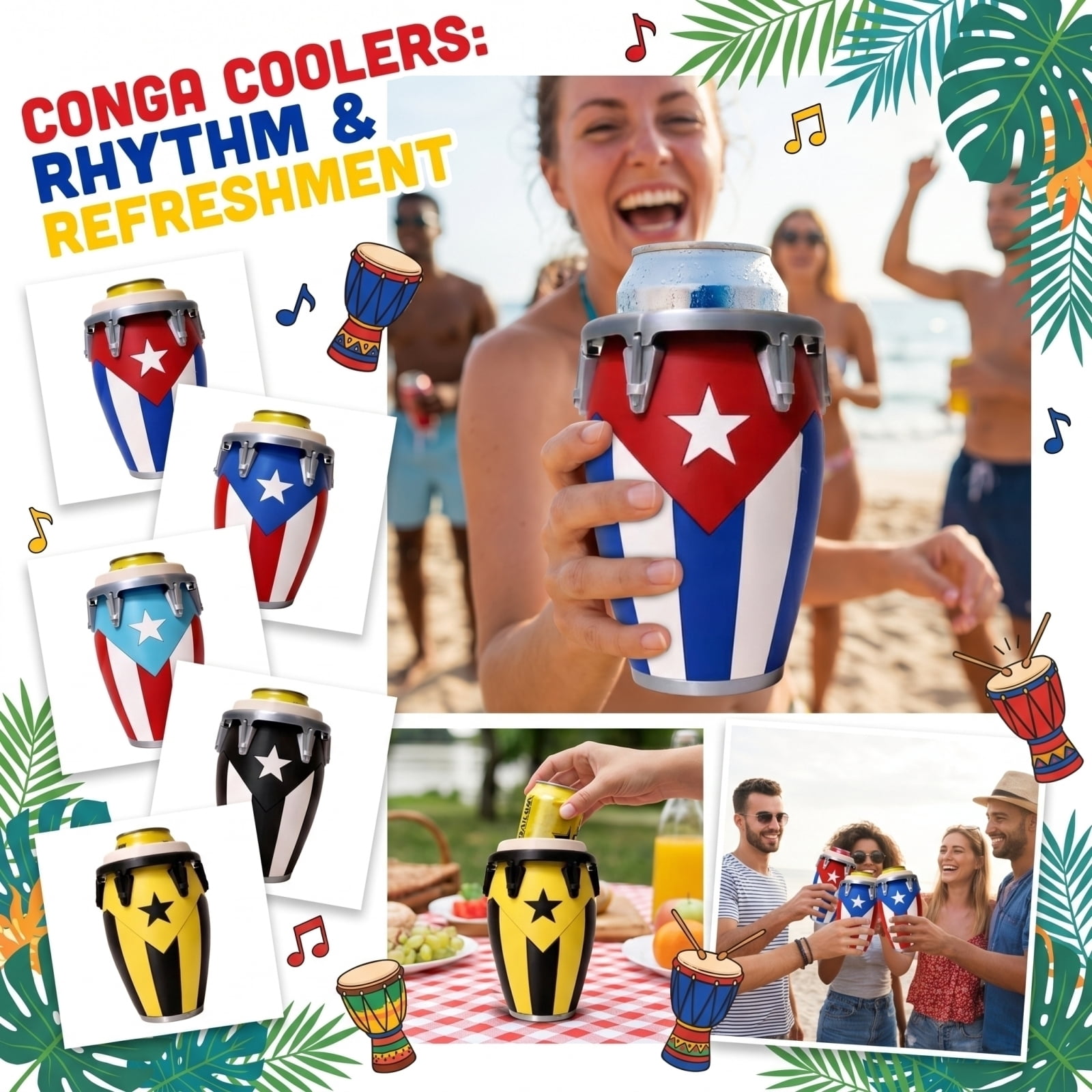 Caribbean Themed Conga-Style Can Holder, Puerto Rican & Cuban Flag Insulated Can Sleeve, Sturdy 12oz Beverage Holder Ideal Holiday Gift Bu