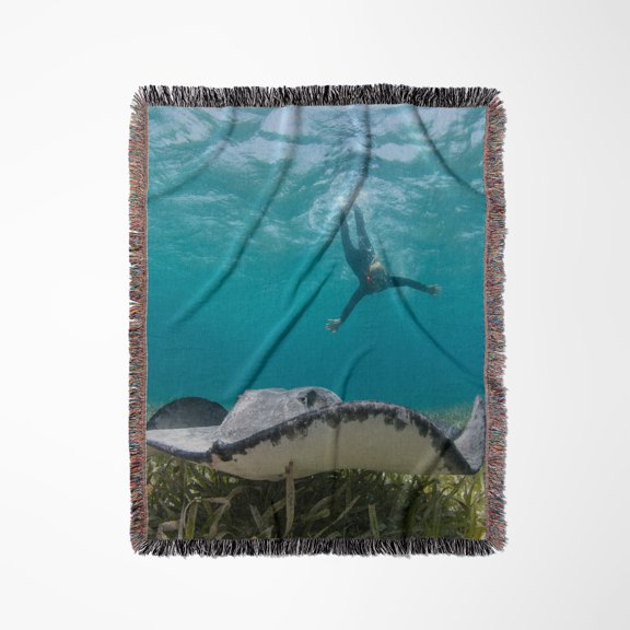 Caribbean Whiptail Ray And Snorkeler, Shark Ray Alley, Belize , Woven Blanket