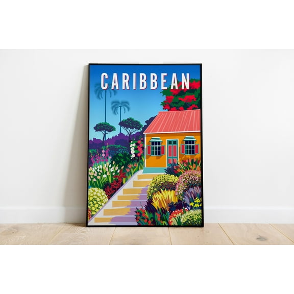 Caribbean travel poster. Beautiful landscape with bungalow, flowers and palms in the background,Wall Decor Art Deco,Painting Art, Dining Room Wall Decor Ideas, Art Deco Frameless 8x10inch