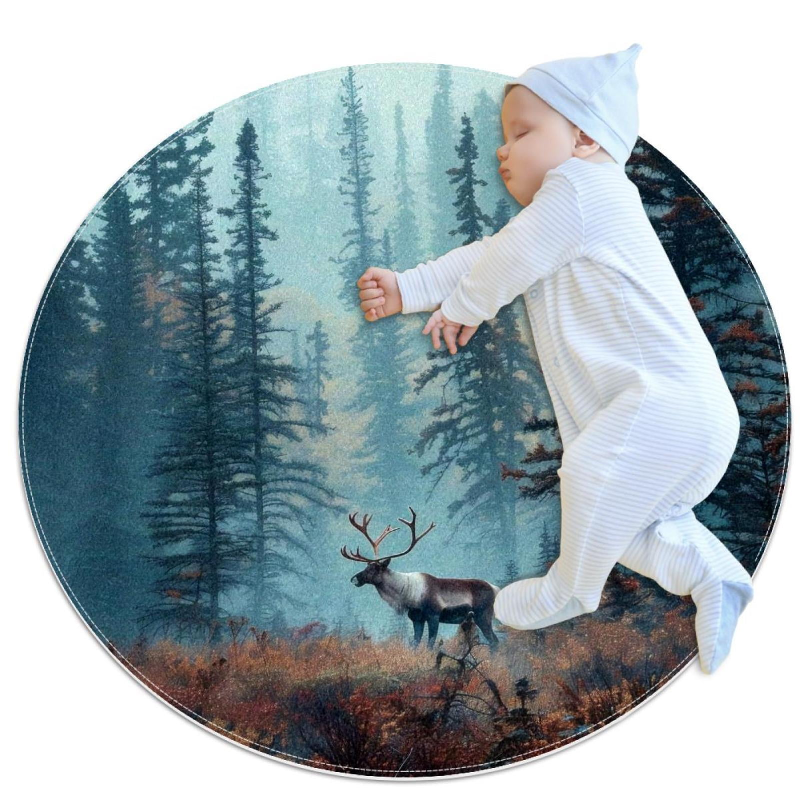 Caribou Tree Forest Anti Slip Area Rugs For Bedroom Round Absorbent