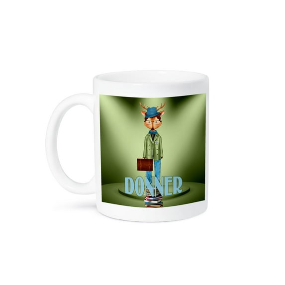 3drose, Caricature of Donner the Reindeer and Scholar on a Stack of Books, 15oz Mug