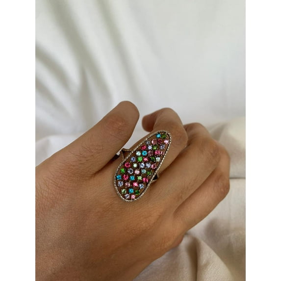 Carillon Multi Color Spinel Ring, Gemstone Cluster 2.25 ct 925 Sterling Silver Ring for Women, Ring Size : 12