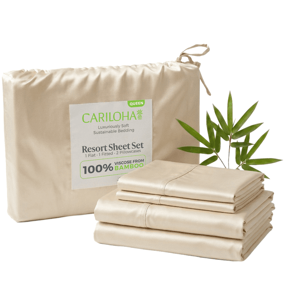 Cariloha Luxurious Sateen Resort Sheet Viscose from Bamboo Queen 4-Piece Set Coconut Milk