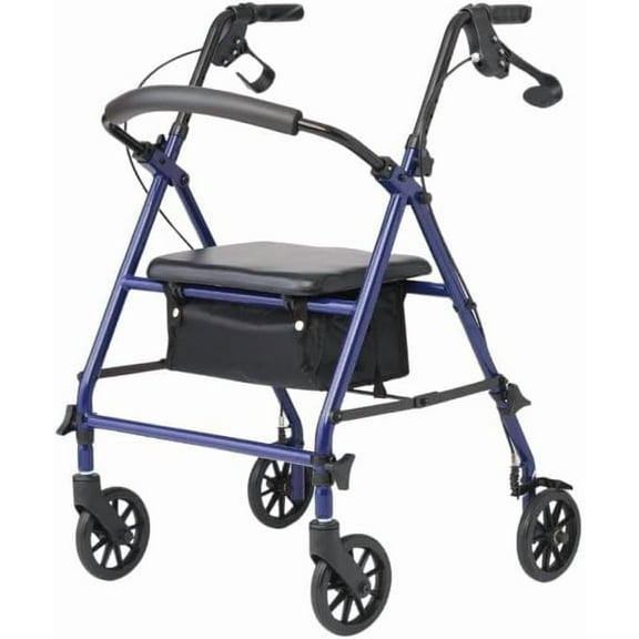 Caring 4-Wheel Rollator Walker for Seniors Blue Rolling Walker with Seat, Hand Brakes & Storage Heavy Duty Frame Supports 350 lbs Foldable Mobility Aid