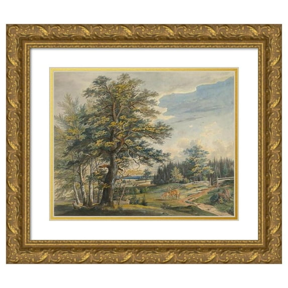 Carl August Lebschee 18x15 Gold Ornate Wood Frame and Double Matted Museum Art Print Titled - Wooded Landscape with Stag (1800-1877)