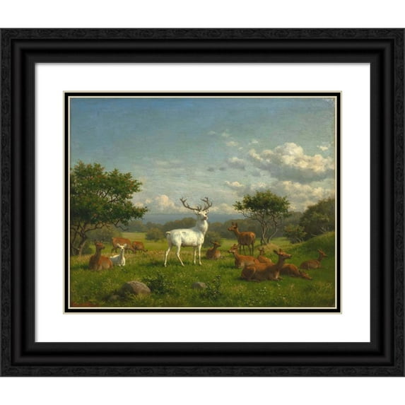 Carl Bøgh 14x12 Black Ornate Wood Framed Double Matted Museum Art Print Titled: A White Stag with its Pack