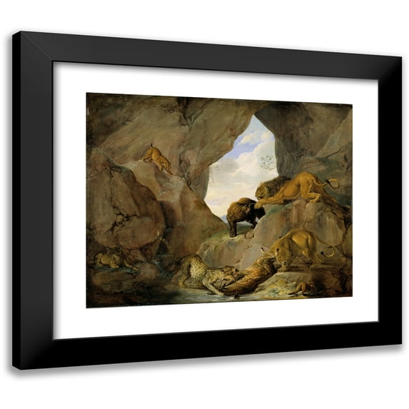 Carl Borromäus Andreas Ruthart 14x12 Black Modern Framed Museum Art Print Titled - Wild Animals in a Mountain Gorge
