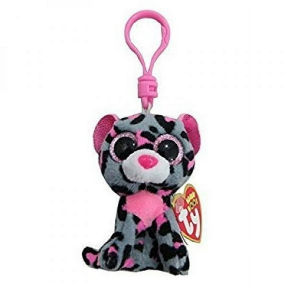 Ty Beanie Boos (Plastic Key Clip) - Tasha the Gray & Pink Leopard – Glitter Eyes - Stuffed Animal