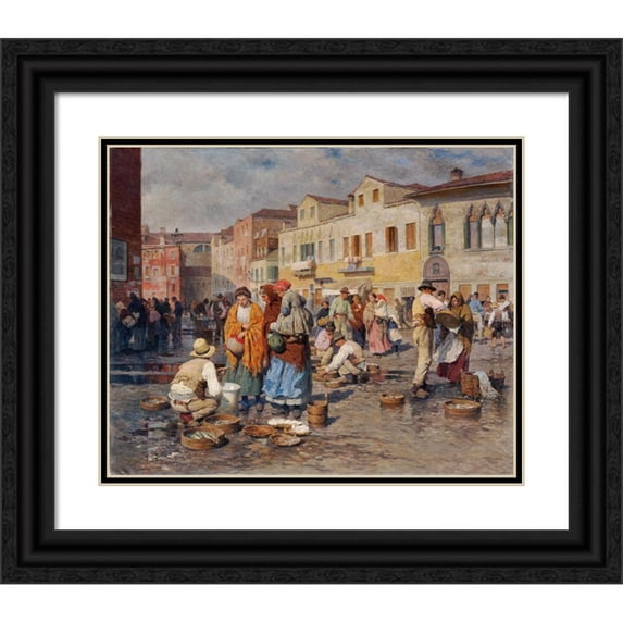 Carl Feiertag 14x12 Black Ornate Wood Framed Double Matted Museum Art Print Titled: Fish Market in Venice (1944)