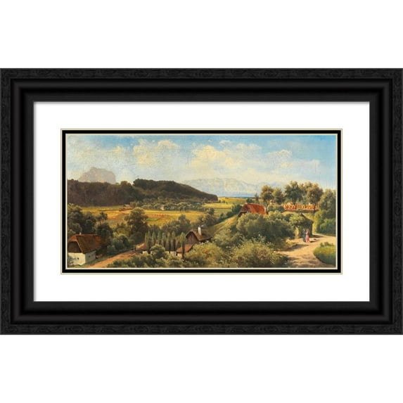 Carl Franz Emanuel Haunold 14x9 Black Ornate Wood Framed Double Matted Museum Art Print Titled: View of Wimsbach Castle Against the Hollengebirge and the Traunstein